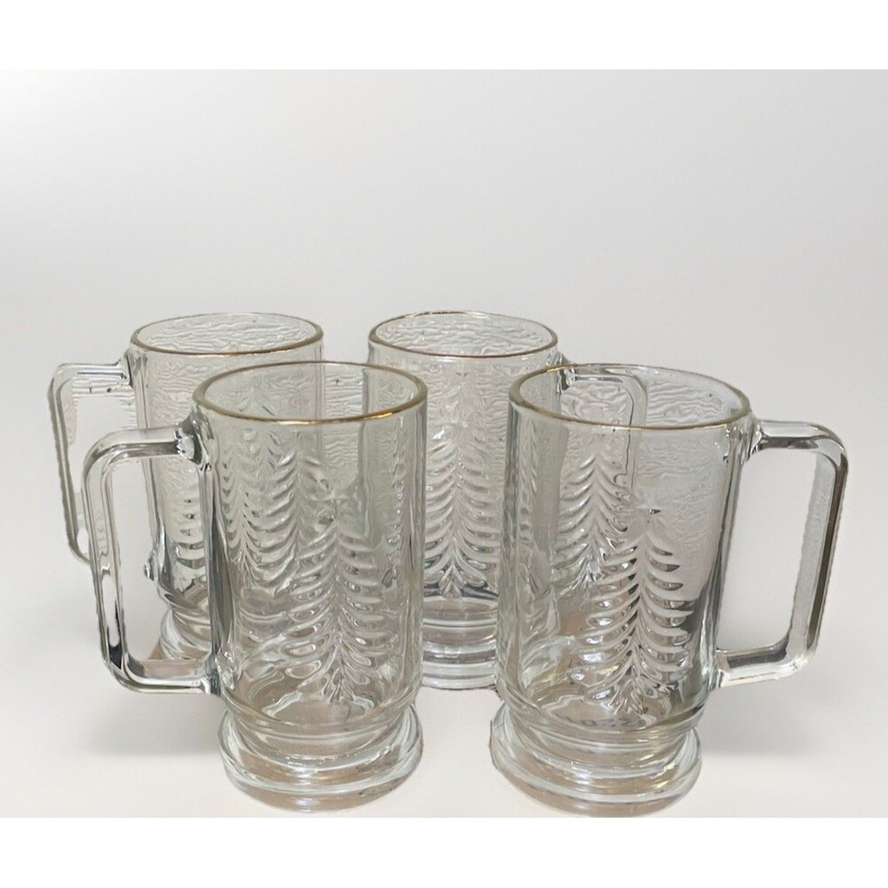 4 Indiana Glass Holiday Christmas Tree Irish Coffee Mug with Gold Rim